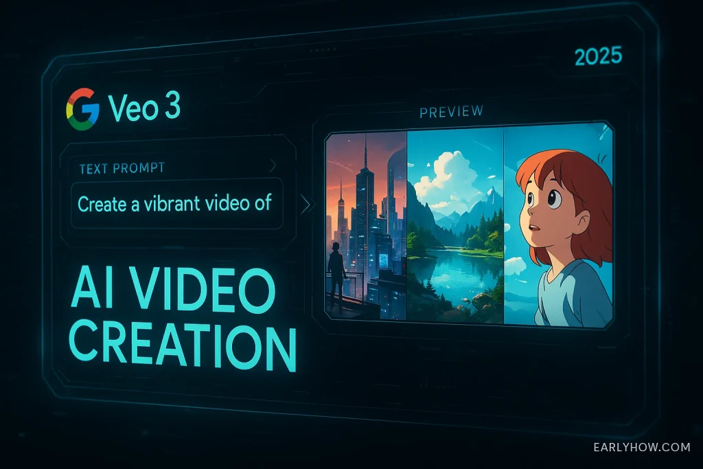 Google Veo 3 interface generating animated video from text prompt about AI video creation