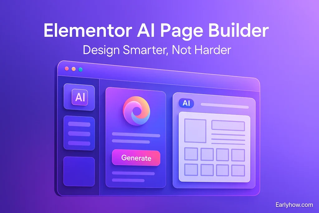 Elementor AI Page Builder interface with generate button and layout blocks