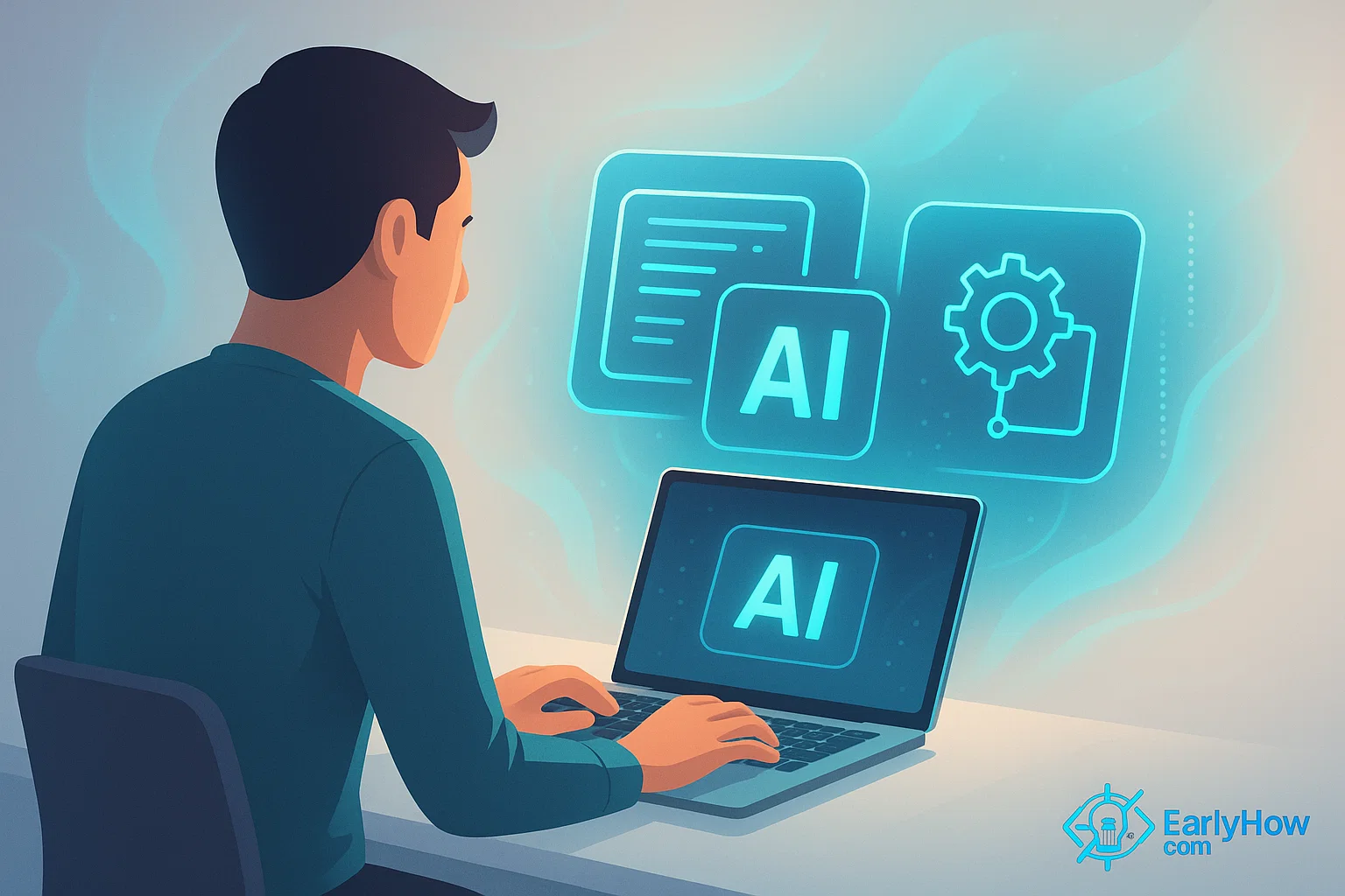 Person using AI tools on a laptop with glowing digital interfaces around them