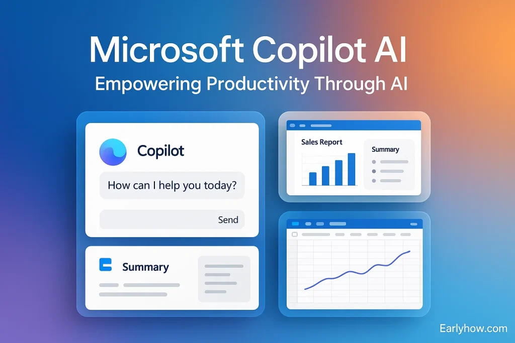 Microsoft Copilot AI dashboard showing sales reports, summaries, and AI prompts