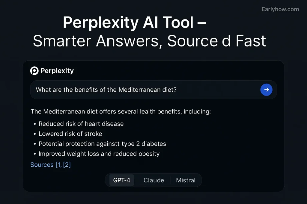 Perplexity AI interface displaying a health-related question with sourced results and multiple AI model options.