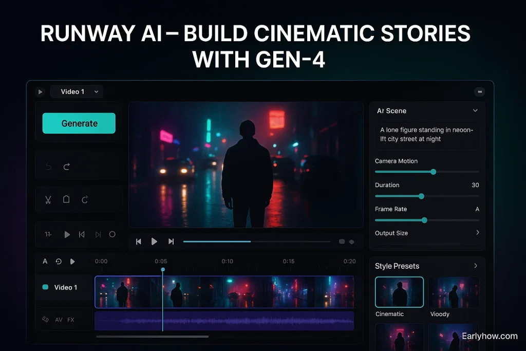 Runway AI video editor dashboard with Gen-4 cinematic scene and timeline controls