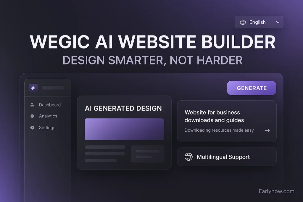 Wegic AI Website Builder dashboard showing generated designs and multilingual options