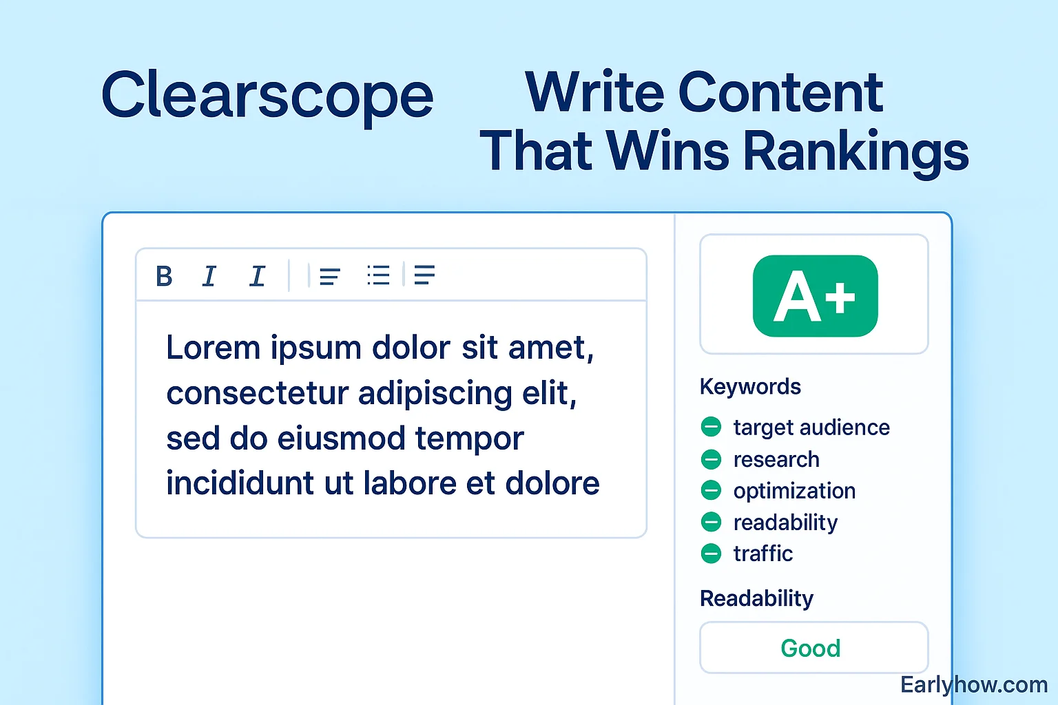 Clearscope content grading interface with readability and score metrics