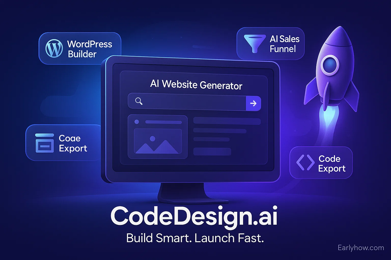 CodeDesign.ai AI website builder interface with features like WordPress and funnel tools
