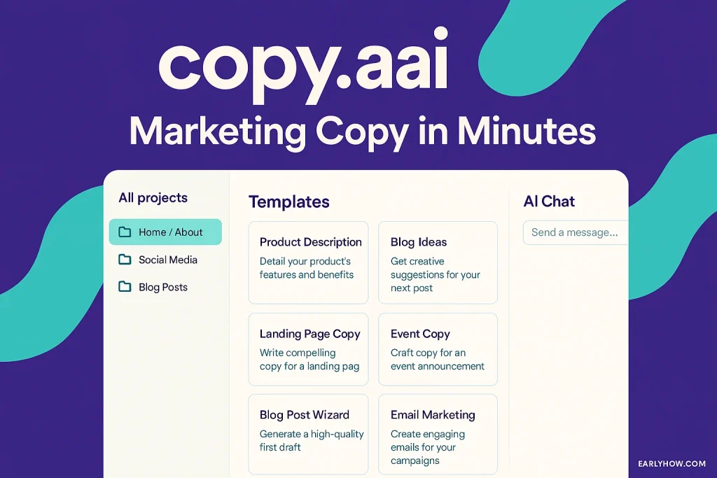 Copy.ai dashboard with AI templates for marketing content