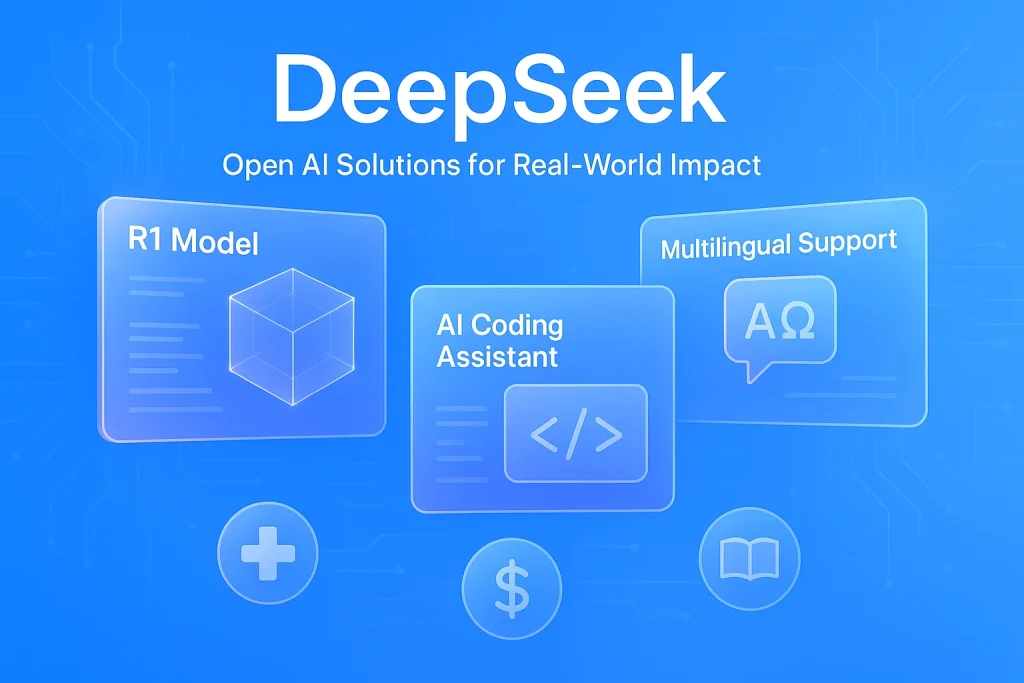 DeepSeek AI features including R1 model, AI coding assistant, and multilingual support