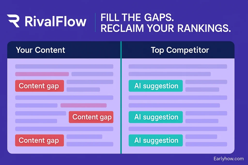 RivalFlow dashboard with content gap analysis and suggestions