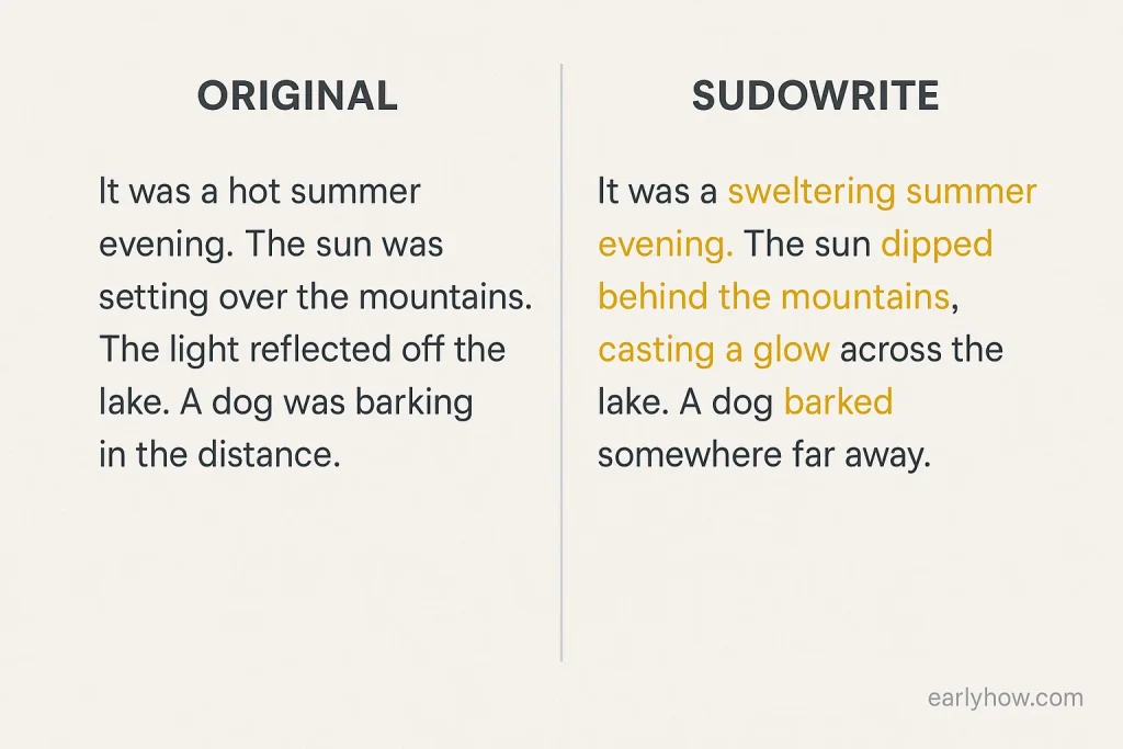 Before and After Sudowrite Text Enhancement Example