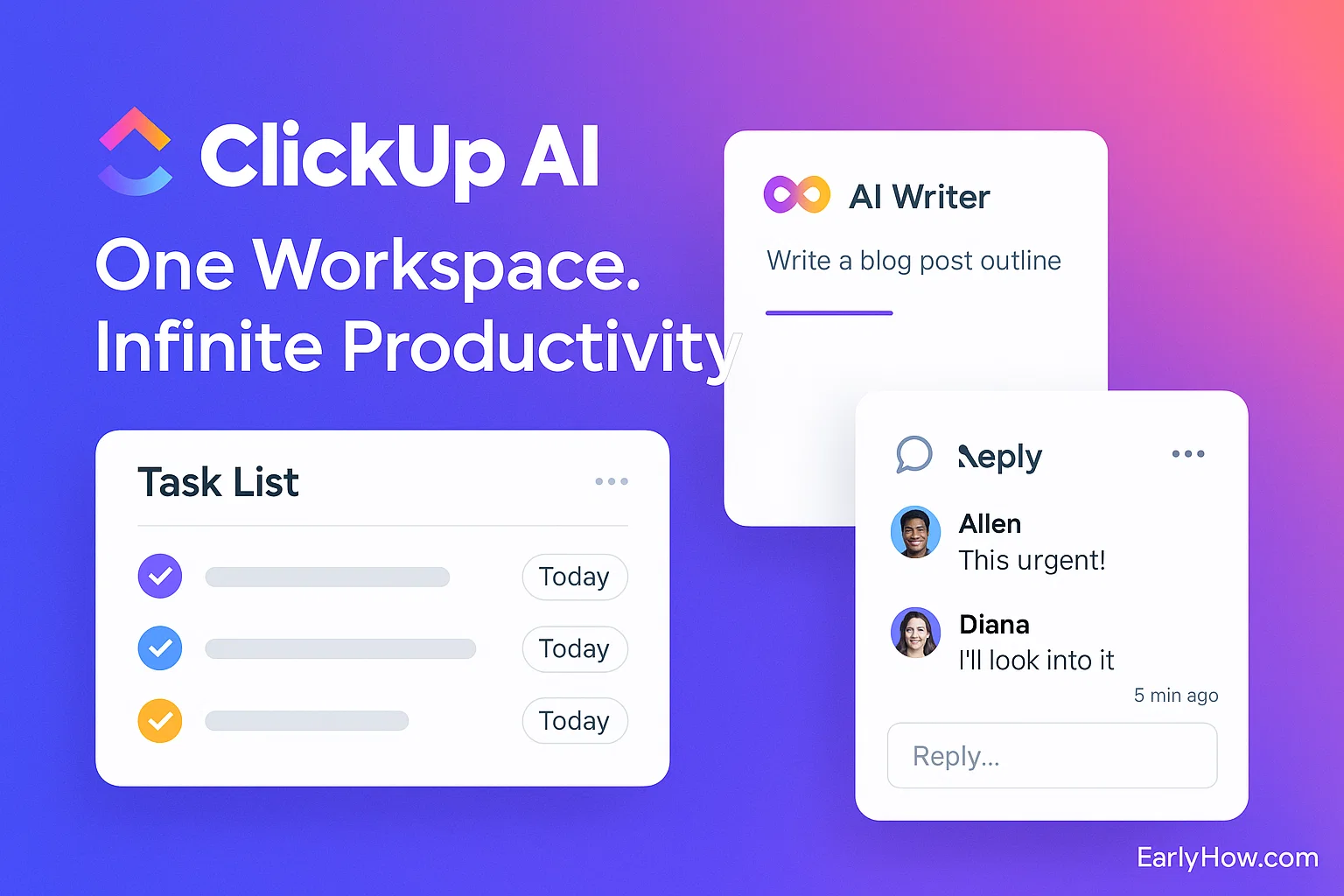 ClickUp AI dashboard showing tasks, documents, and smart assistant tools