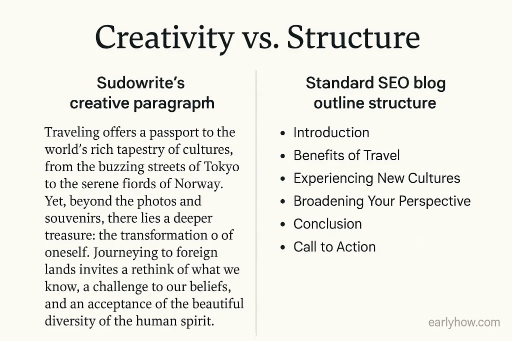 Sudowrite creative writing vs. traditional SEO blog outline comparison