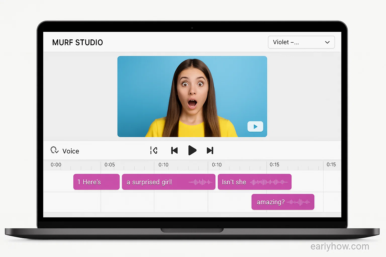 Screenshot of Murf AI Studio interface with voice timeline and surprised girl video