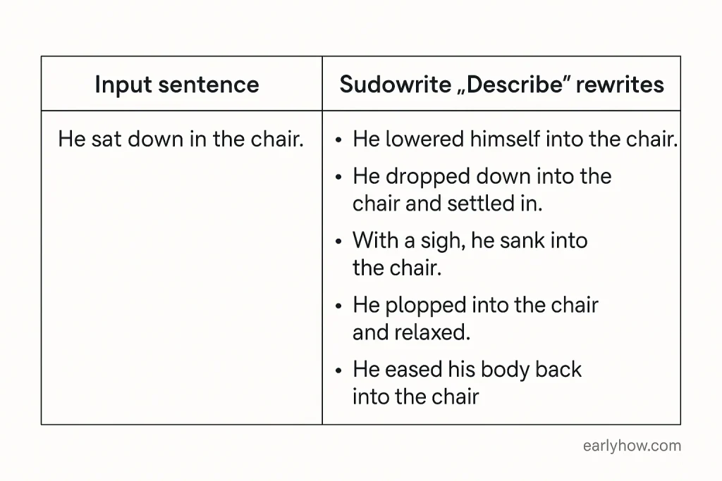 Multiple AI-generated rewrite examples of the sentence “He sat down in the chair