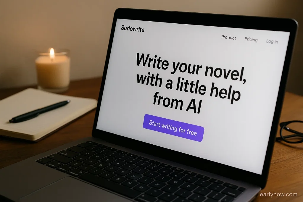 Sudowrite homepage on laptop showing the message "Write your novel, with a little help from AI