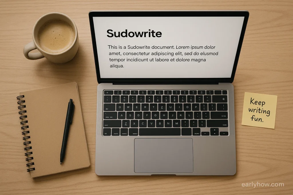 Laptop screen displaying Sudowrite with a sticky note saying “Keep writing fun