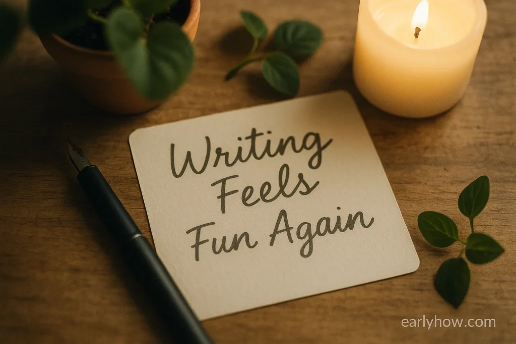 Handwritten card on wooden table that reads “Writing Feels Fun Again