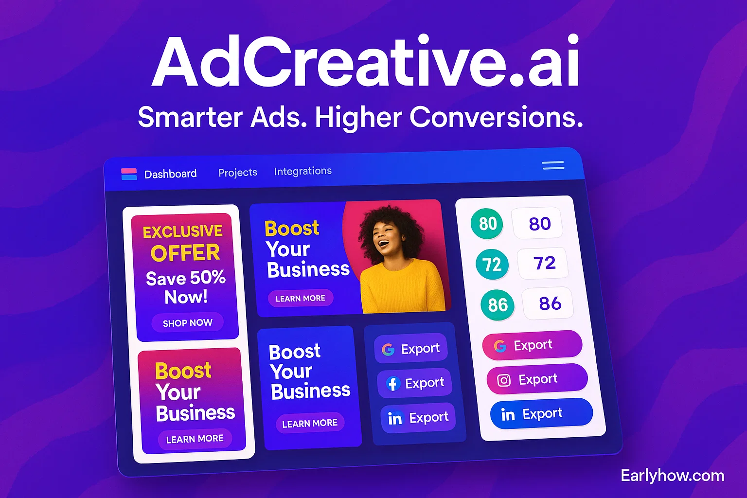 AdCreative.ai interface displaying AI-generated ad creatives and export options