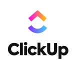 ClickUp logo with a colorful gradient chevron above the brand name