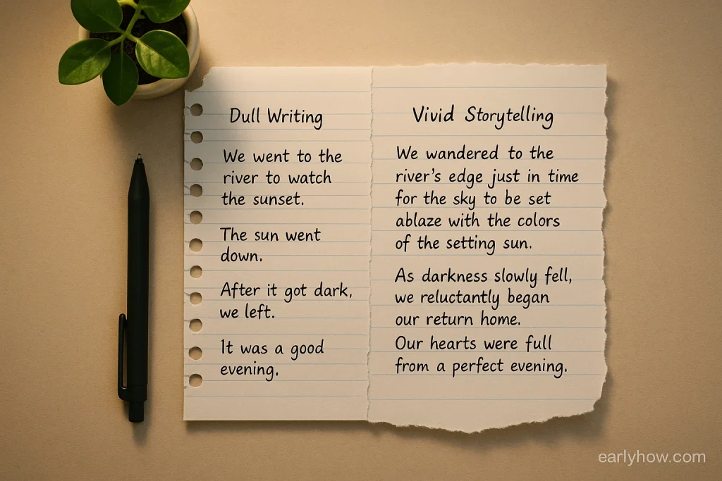Comparison between dull writing and vivid storytelling using example sentences on lined paper