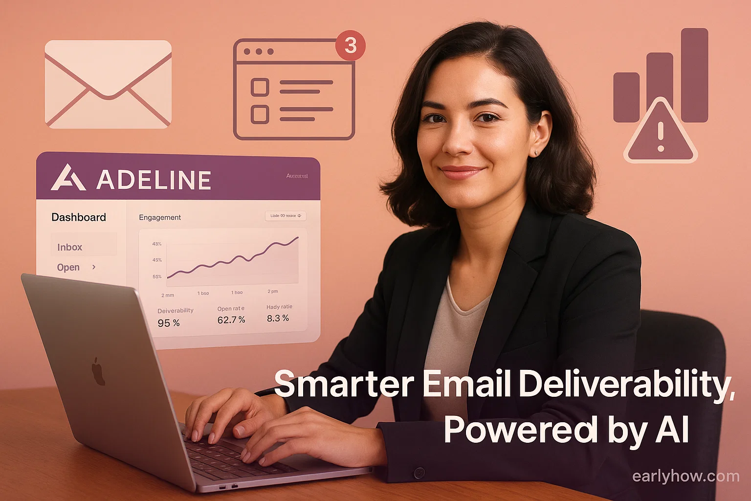 Woman using Adeline AI email deliverability platform with engagement analytics and inbox optimization