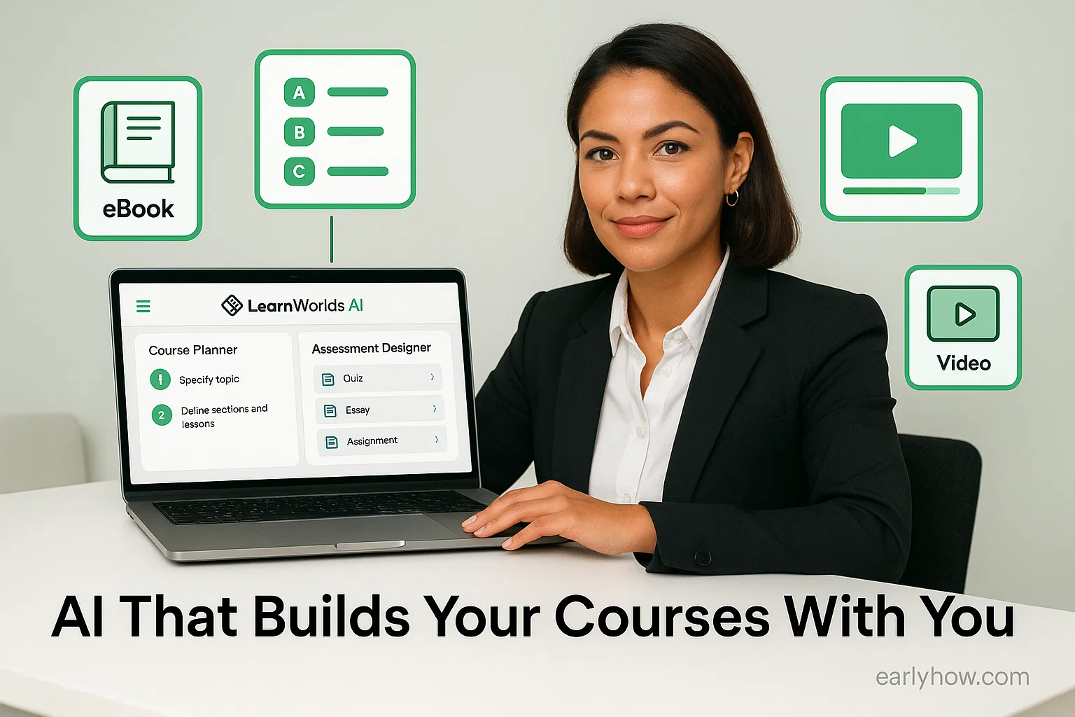 Woman using LearnWorlds AI platform with course planner and assessment designer