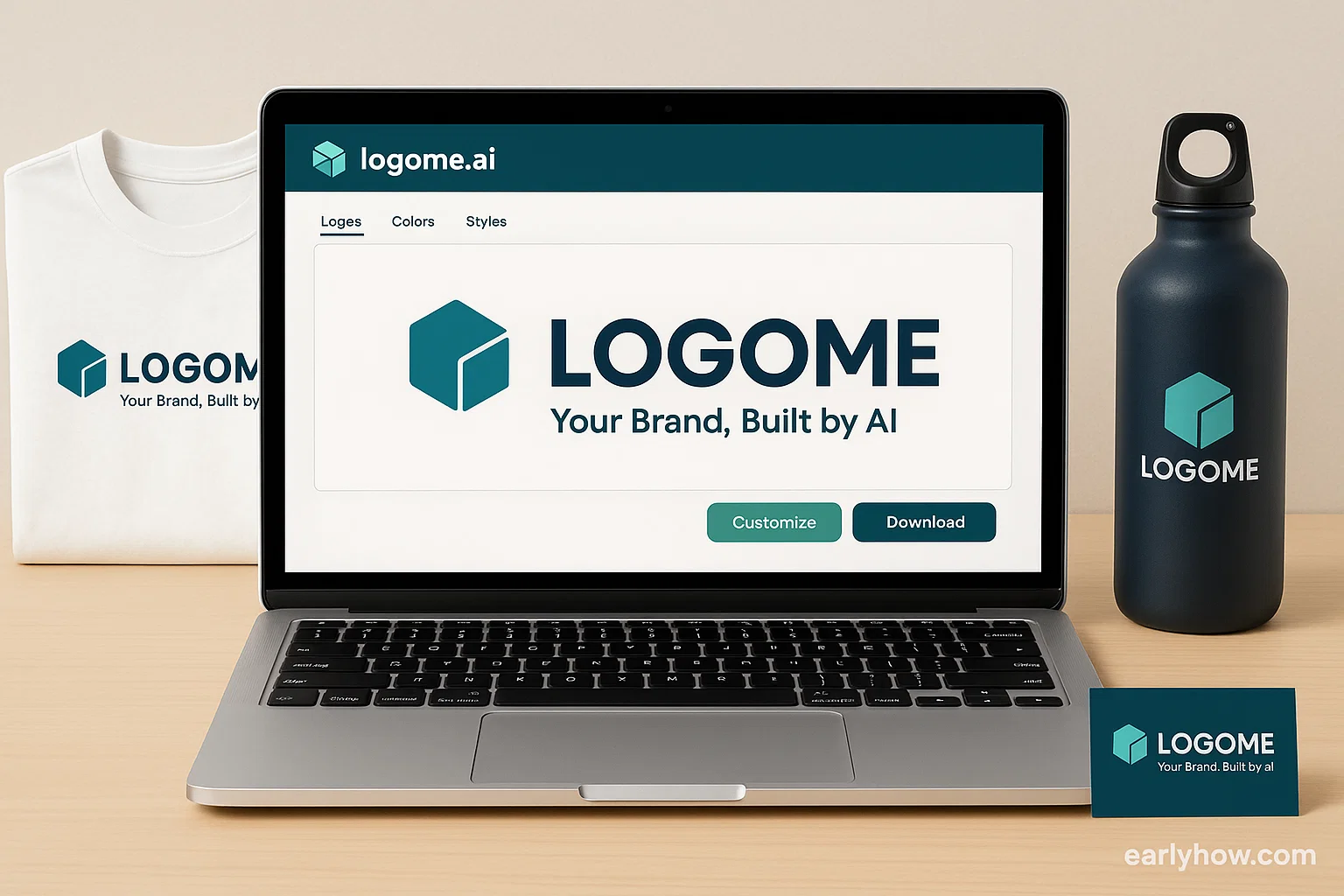 Logome AI tool dashboard on laptop with branding items