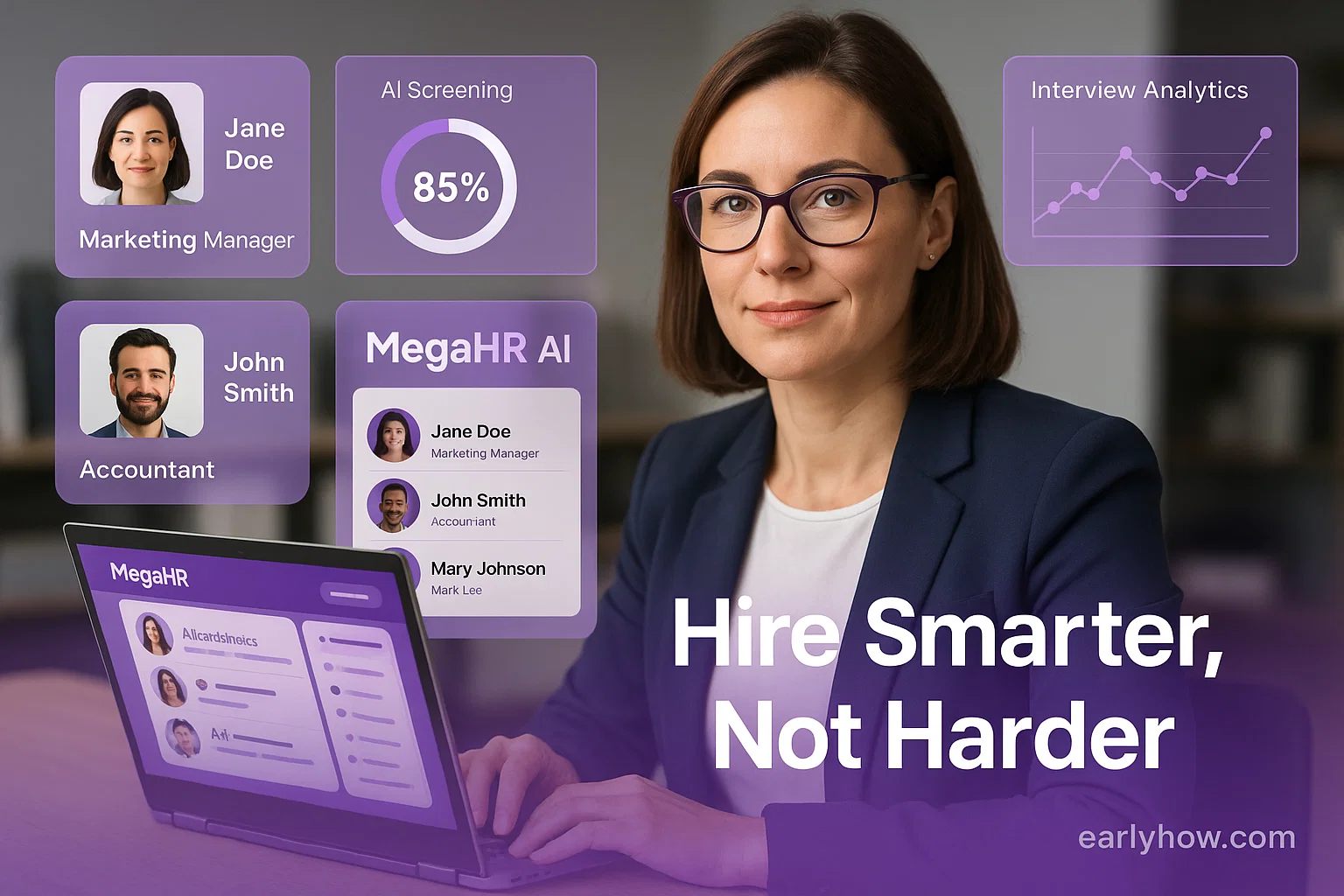 Woman using MegaHR AI platform with AI screening results and interview analytics