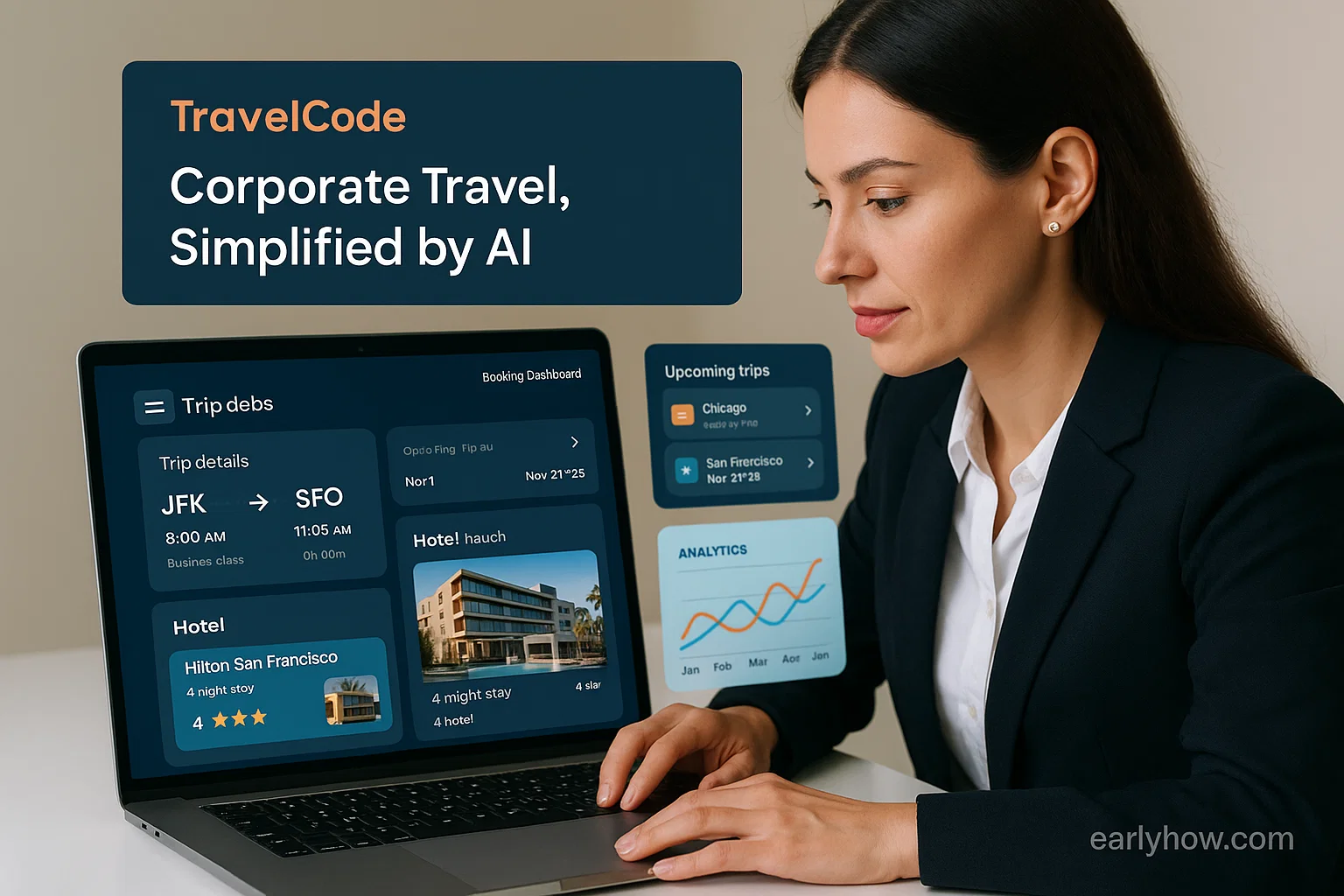 Woman using TravelCode AI corporate travel dashboard on laptop.