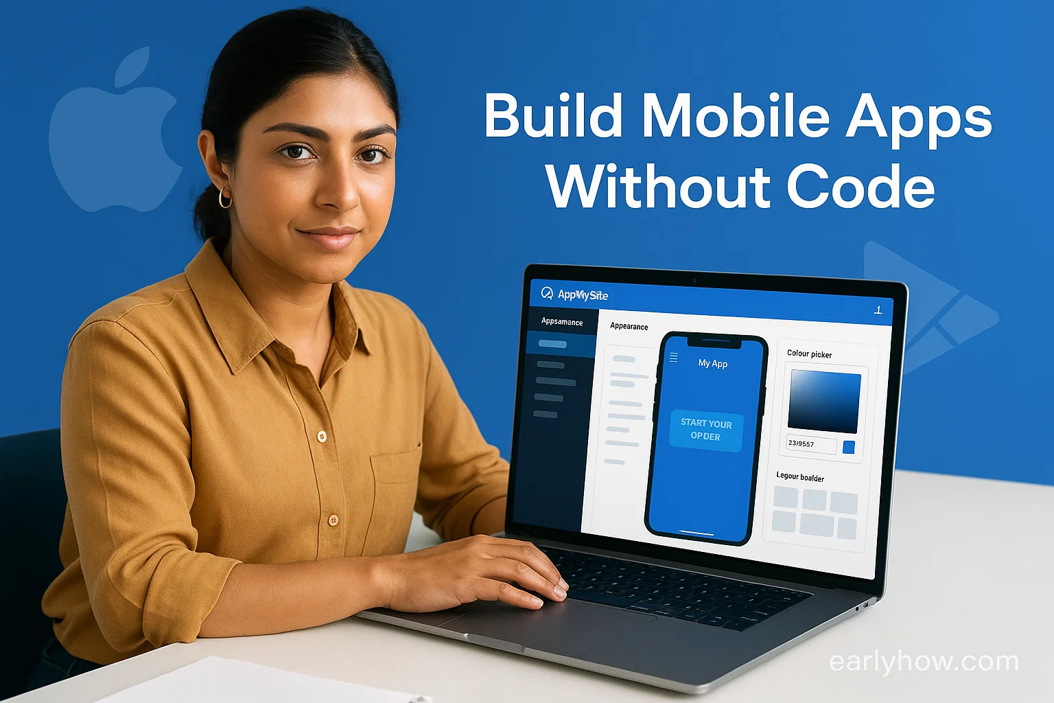 Woman building a mobile app using AppMySite AI tool on her laptop