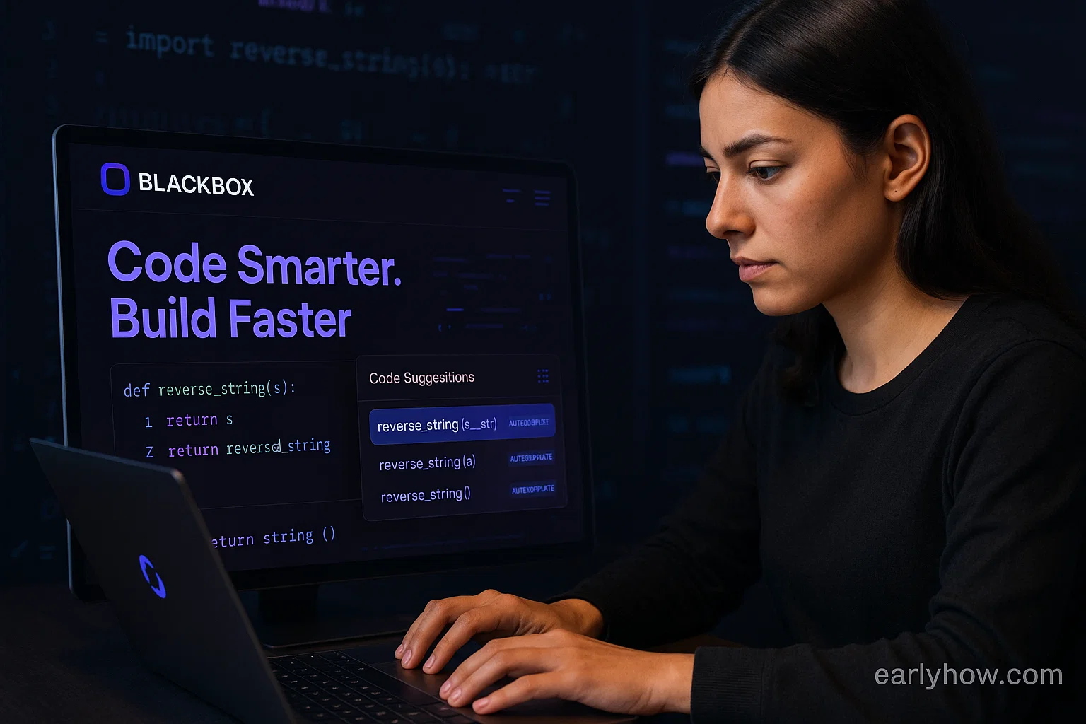 Developer using Blackbox AI tool on laptop with coding suggestions displayed on screen