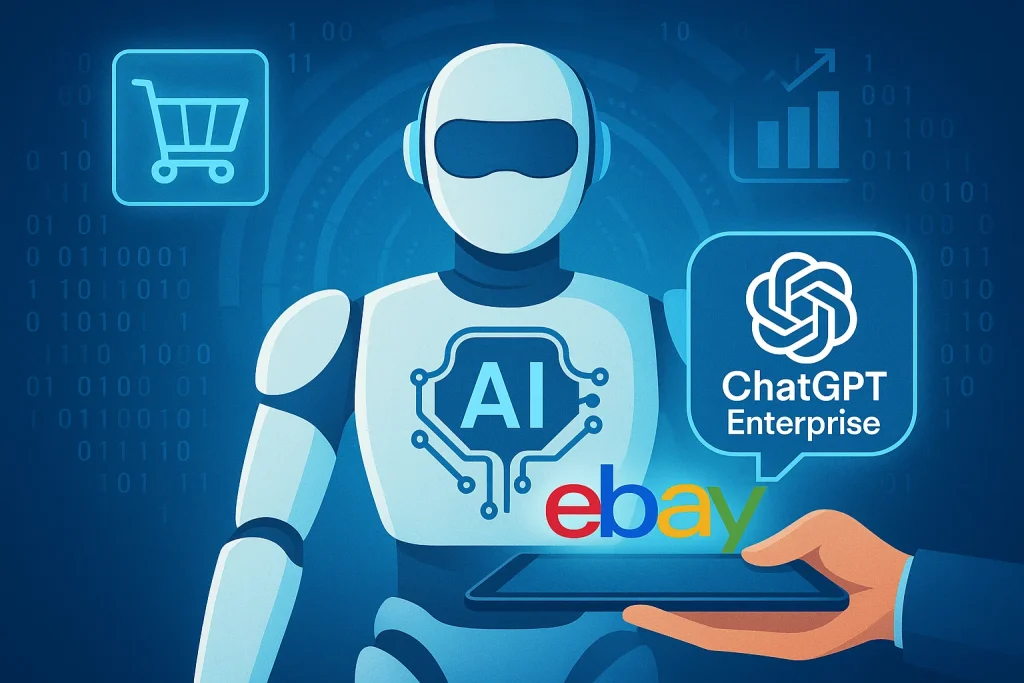 Futuristic digital illustration of a glowing global marketplace powered by swirling AI energy streams and connected data nodes.