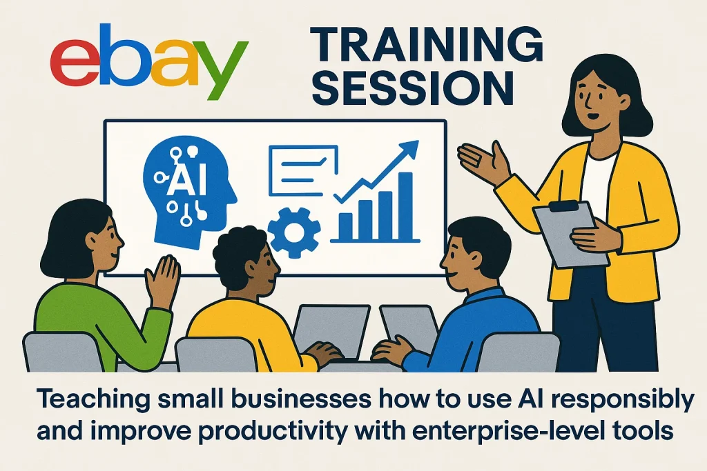 Group of small-business owners in a workshop using laptops with glowing holographic data and instructor guidance.