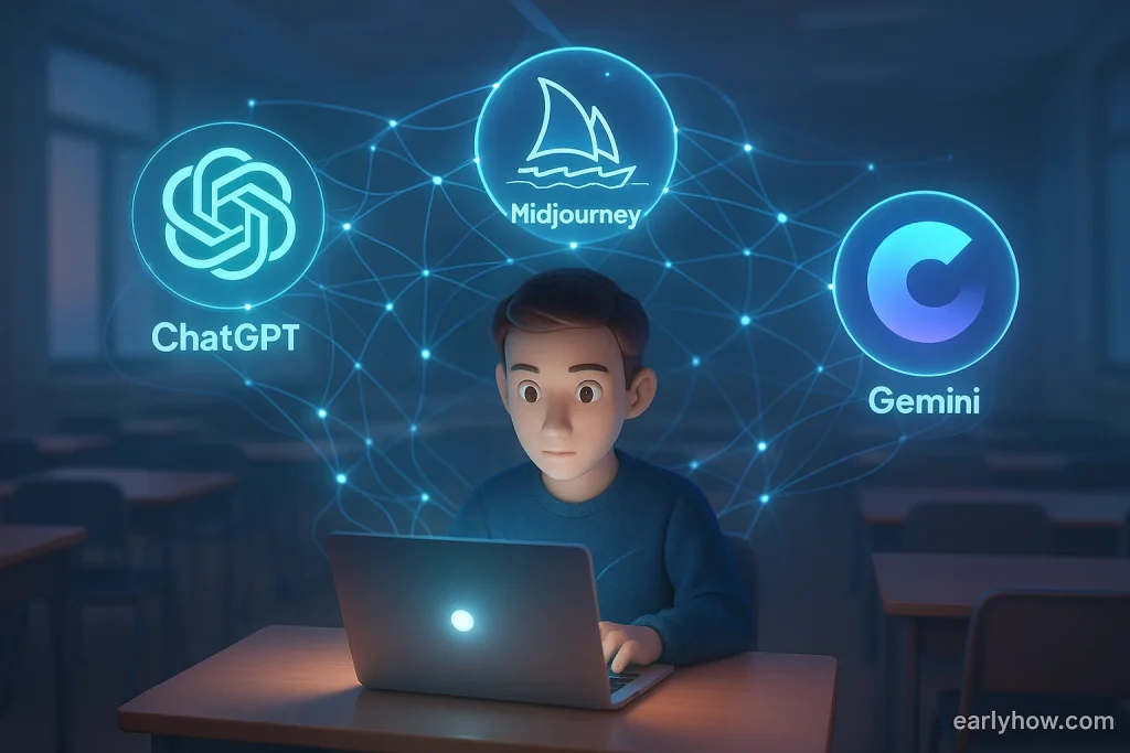 Student learning generative AI surrounded by glowing icons of ChatGPT, Midjourney, and Gemini.