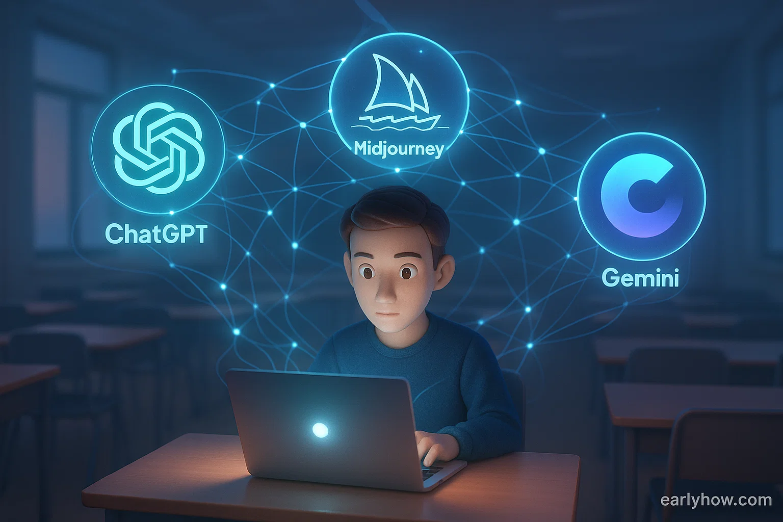Student learning generative AI surrounded by glowing icons of ChatGPT, Midjourney, and Gemini.