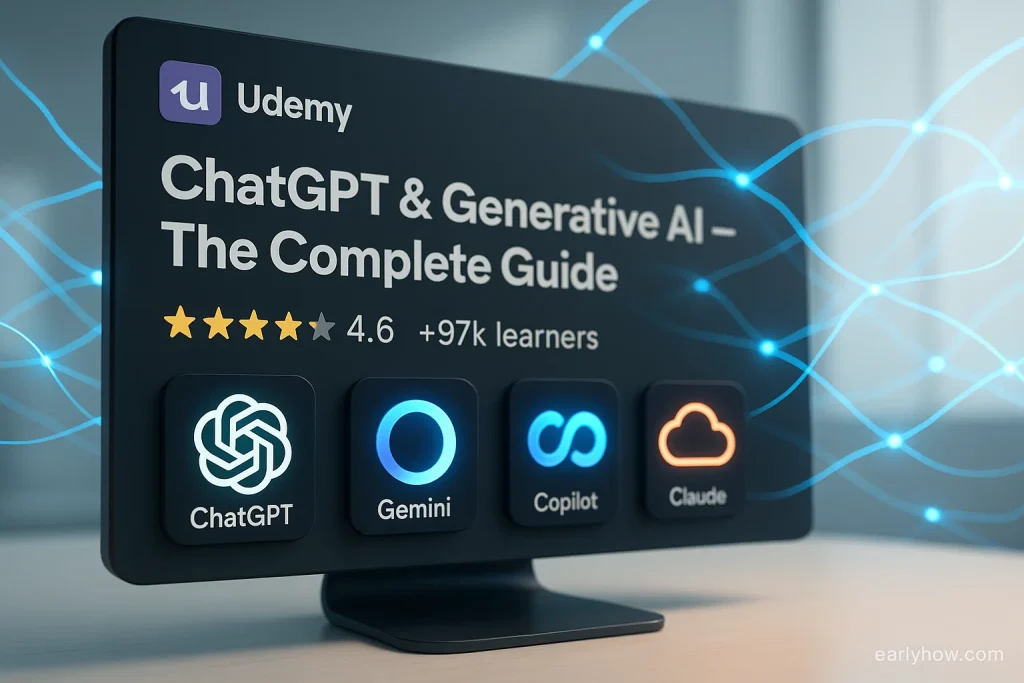 Udemy ChatGPT & Generative AI course dashboard showing 4.6-star rating and 97k+ students.