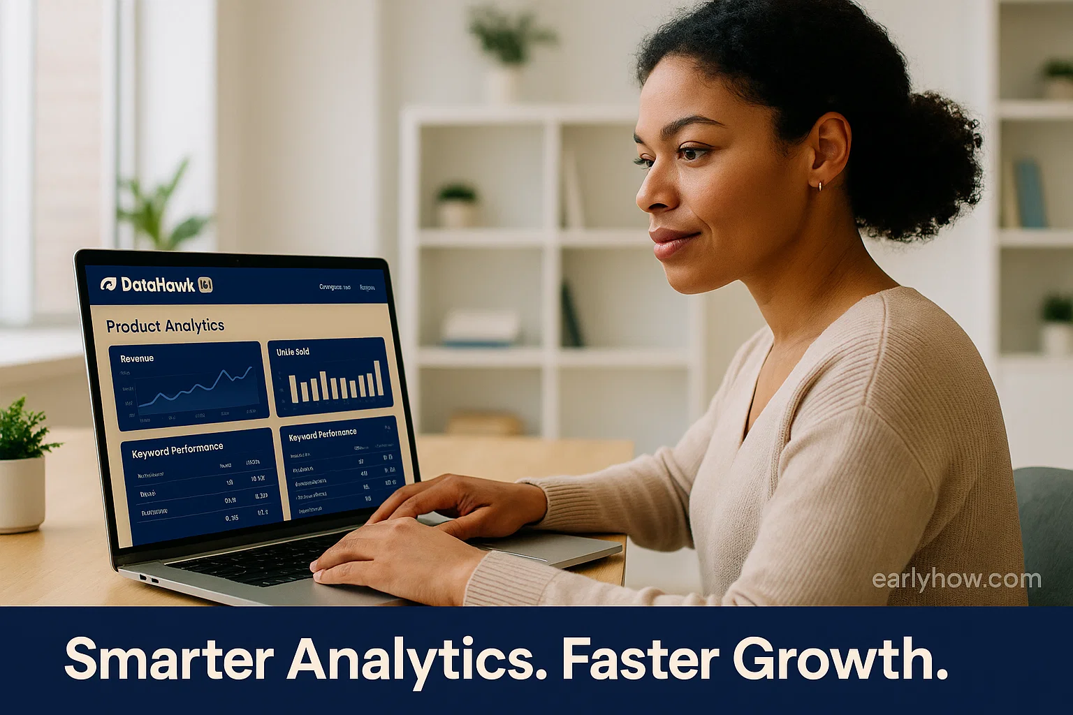 Real woman using DataHawk AI dashboard to review eCommerce analytics, sales trends, and keyword insights on her laptop.