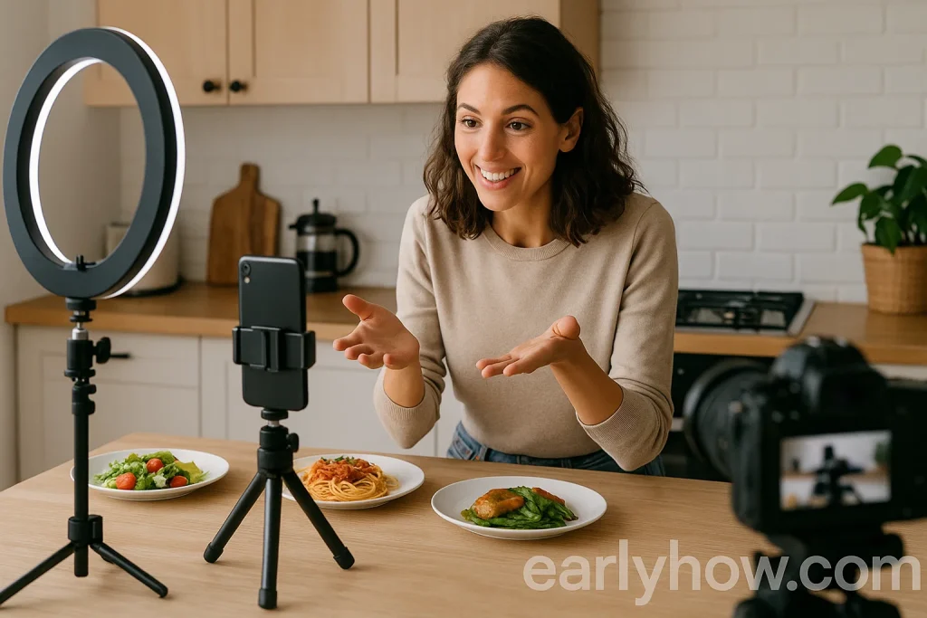 Content creator filming a food review video in a kitchen studio setting
