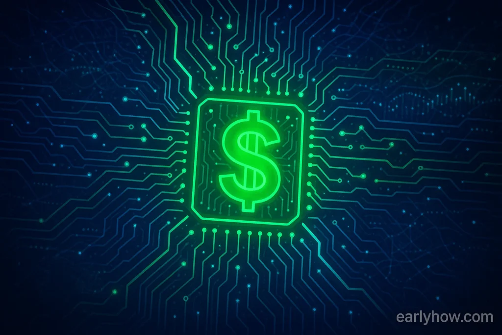 Digital dollar sign on a glowing circuit board background representing financial leadership in AI startups