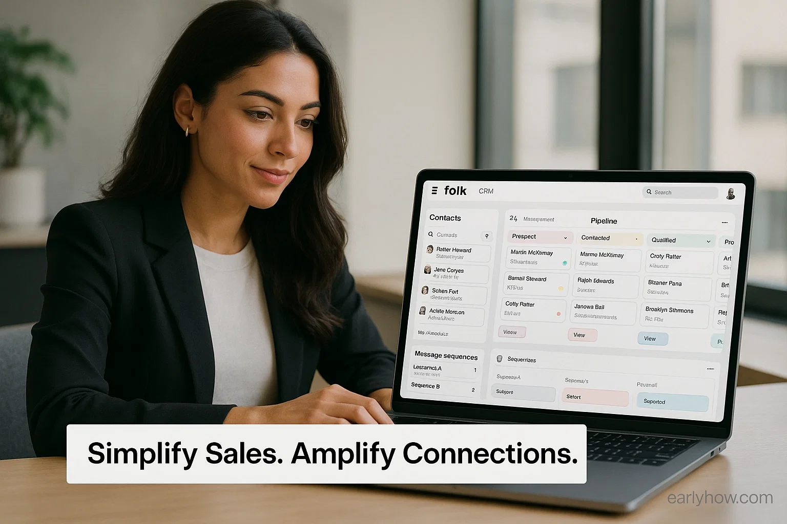 Beautiful woman using Folk.app AI CRM dashboard to manage sales and outreach.