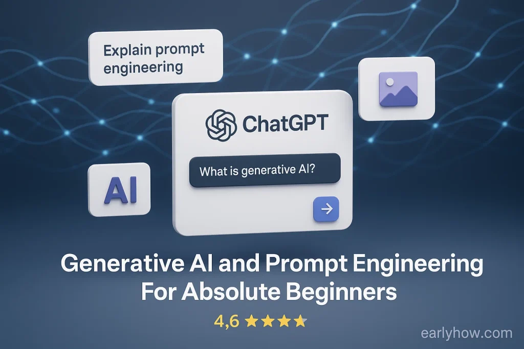 Udemy Generative AI and Prompt Engineering For Absolute Beginners course showing AI tools and interactive prompts.