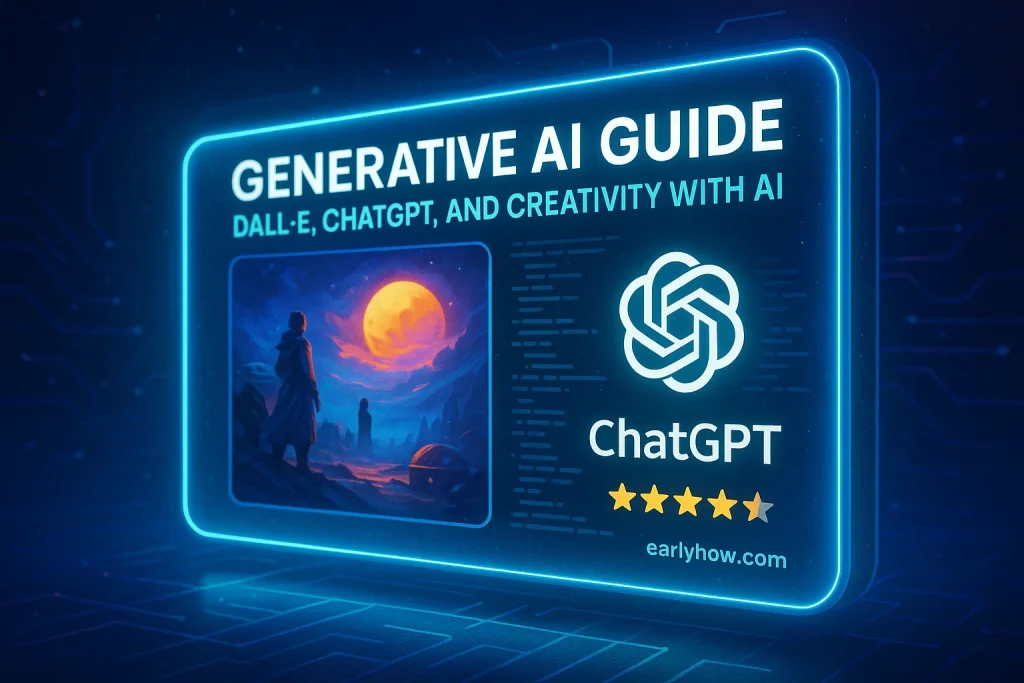 Udemy DALL·E and ChatGPT creativity course dashboard showing 4.5-star rating and visual generation tools.