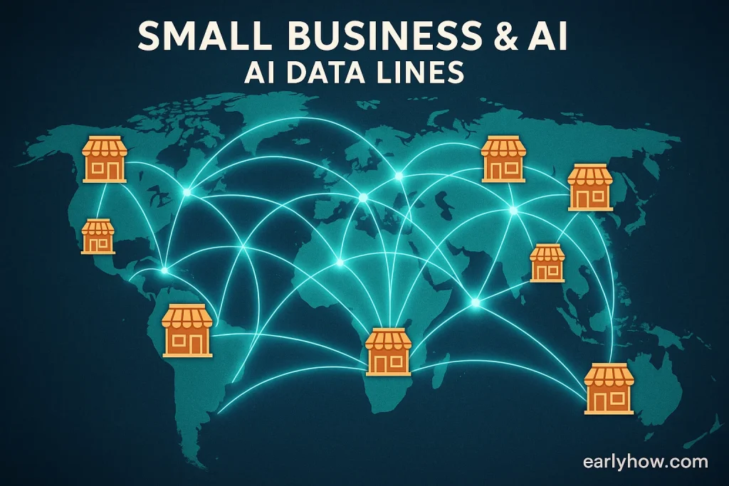 Stylized global map connecting small business icons across continents with luminous AI data lines.