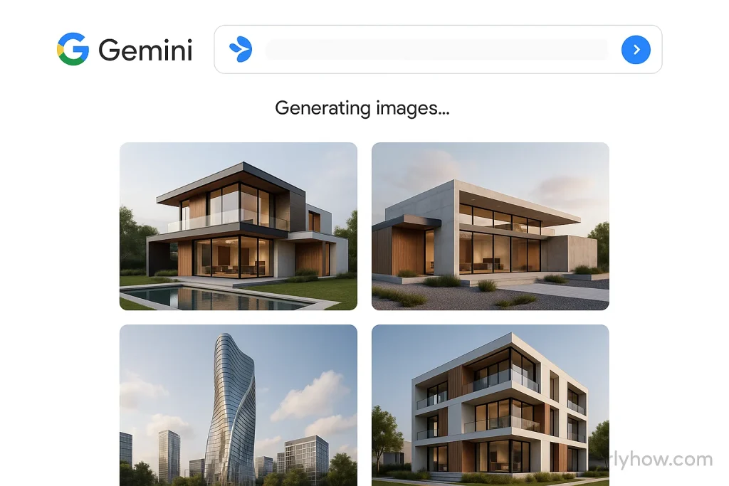 Gemini 2.5 Flash interface demo showing Google’s AI image generation tool with realistic architectural images