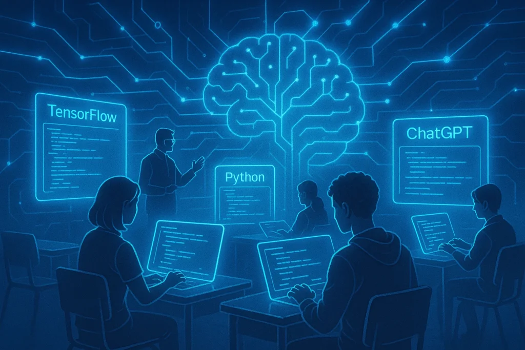 Machine Learning A–Z futuristic AI classroom