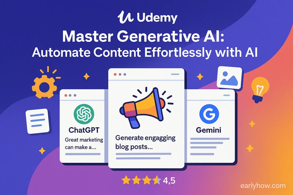 Udemy course dashboard for Master Generative AI: Automate Content Effortlessly with AI, showing AI tools and 4.5-star rating.