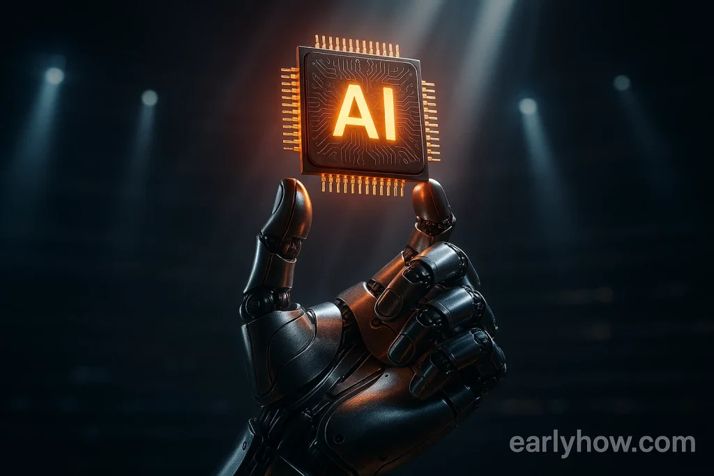 Robotic hand holding AI chip to symbolize OpenAI’s hardware partnership with AMD