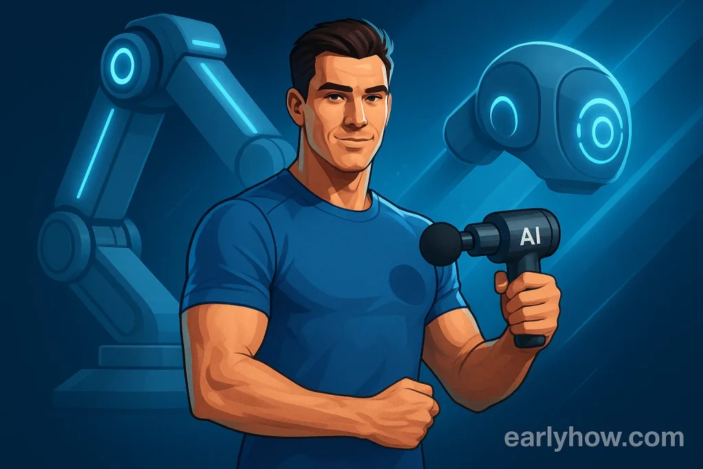 Tom Brady promoting Aescape AI massage system with a robotic device illustration in background