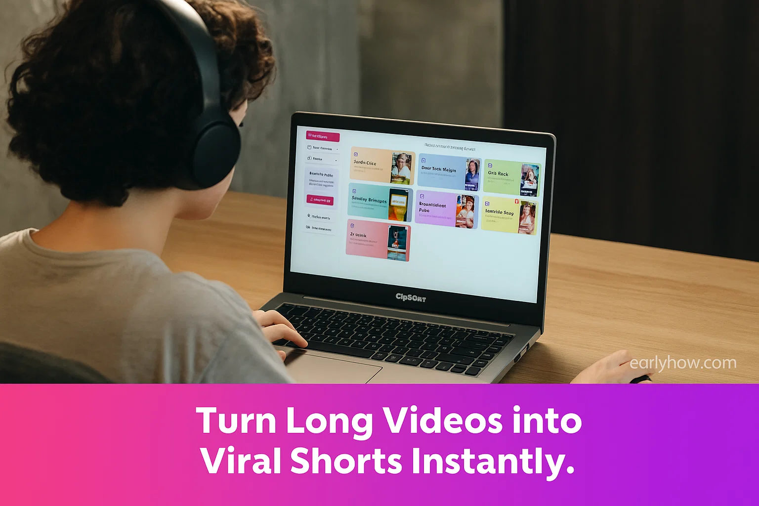 Creator editing viral short videos using ClipGoat AI dashboard with a gradient slogan banner.