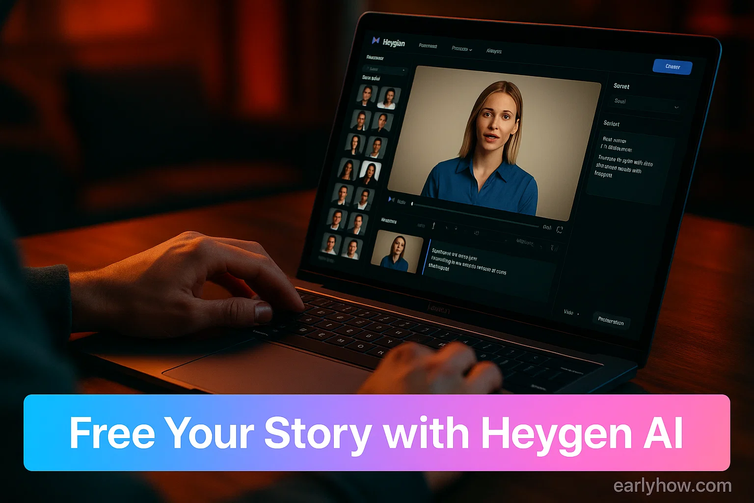 Person generating avatar video using Heygen AI dashboard with a gradient slogan banner.