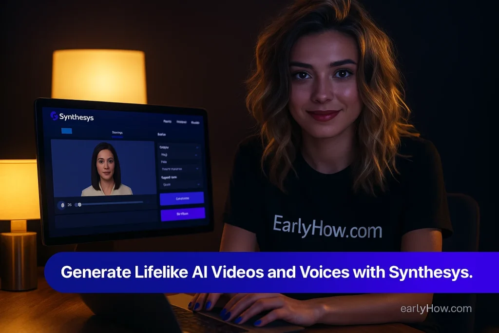 A professional creator using the Synthesys AI dashboard to generate lifelike avatar videos and voices, with a slogan banner at the bottom.